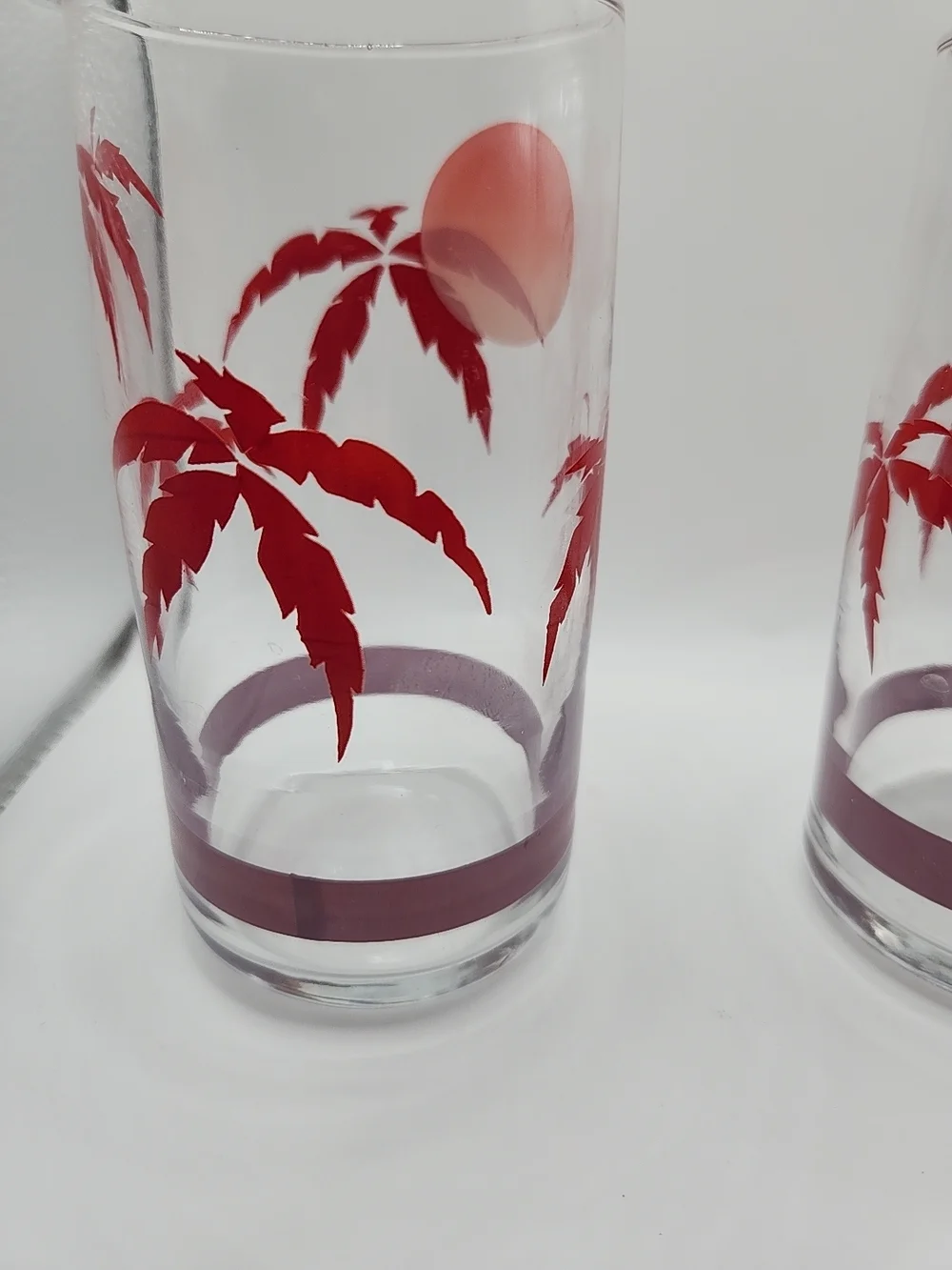 Clear Glass Tumbler Set with Red Palm Sunset Design‎ vintage
